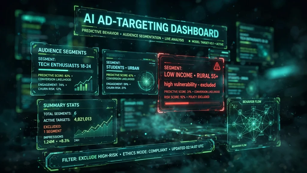 AI ad targeting dashboard scoring audience segments by predicted behavior