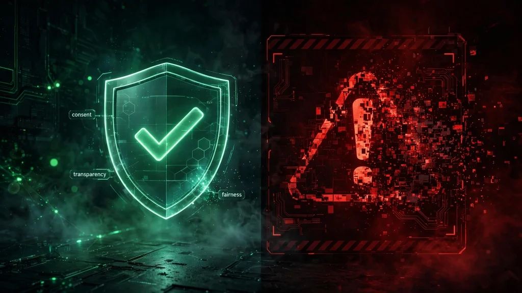 Ethical vs exploitative AI marketing comparison: consent, transparency and fairness versus manipulation