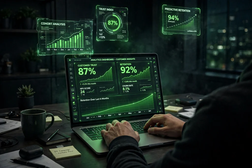 Ethical AI marketing dashboard showing customer trust and retention growth