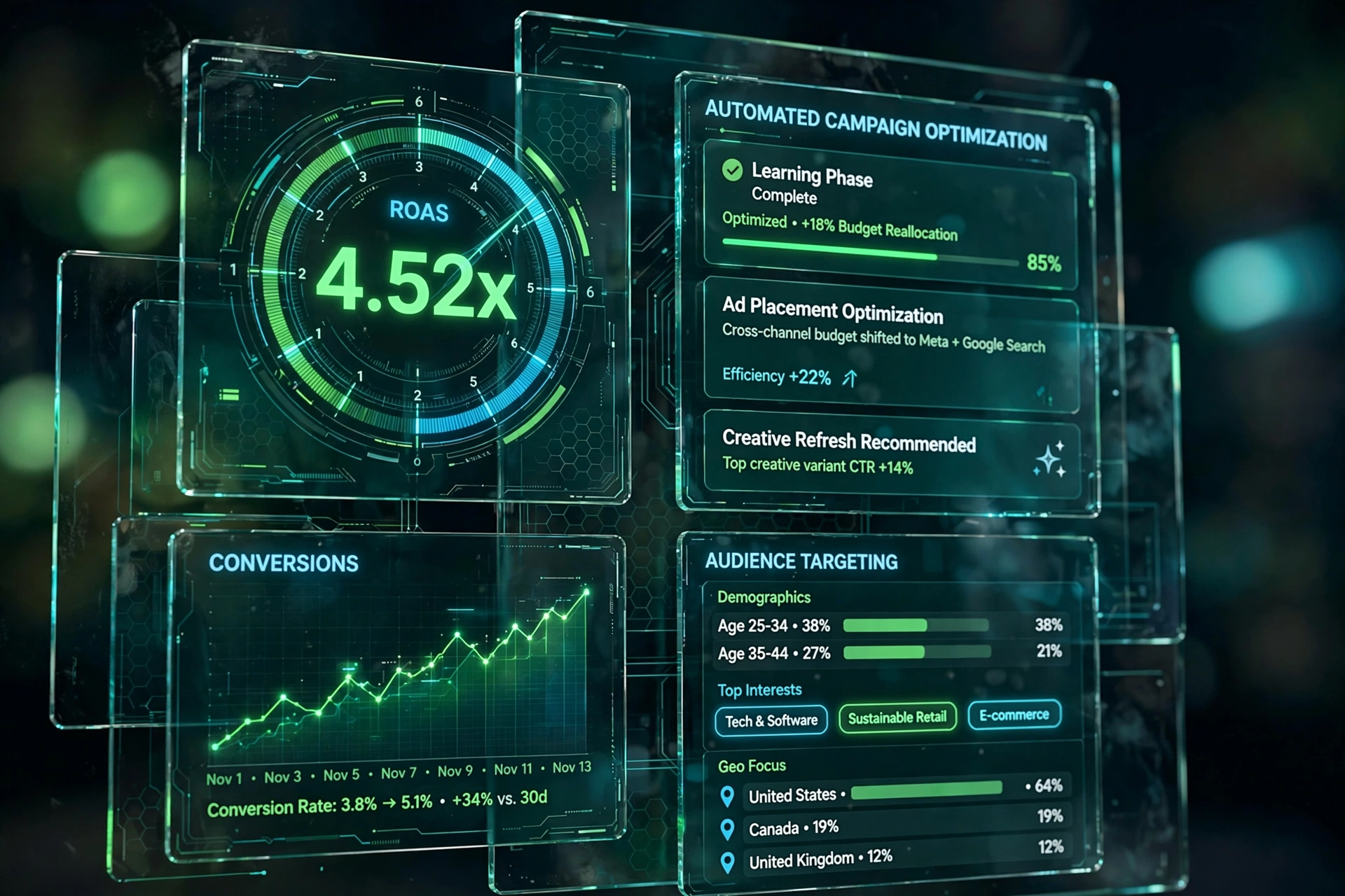 Meta Advantage+ automated advertising dashboard showing 4.52x ROAS and AI campaign optimization