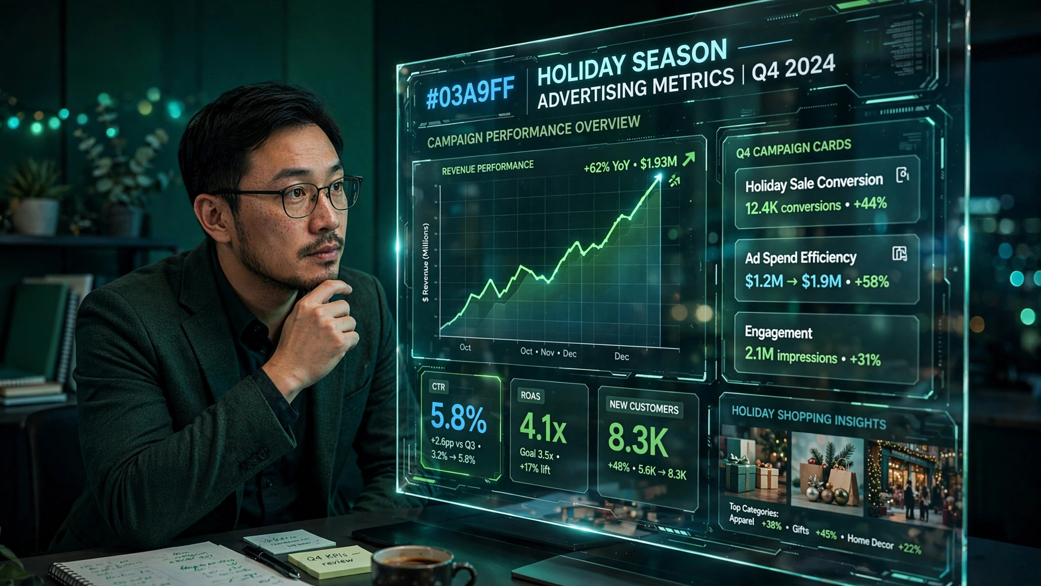 Q4 2026 holiday Meta ads strategy — marketer reviewing rising campaign performance charts