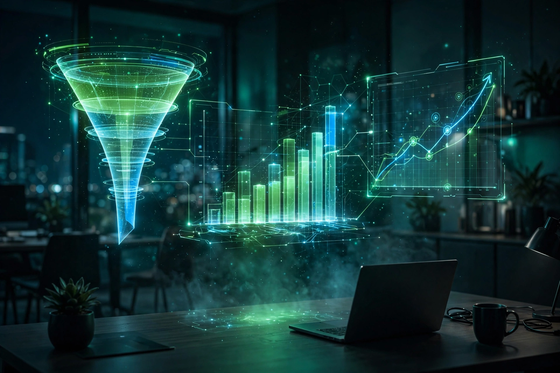 Product launch marketing analytics funnel showing conversion metrics and ROI