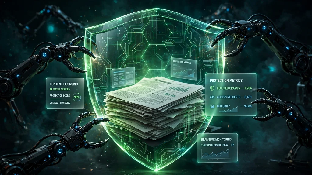 AI content licensing concept with a holographic shield protecting publisher content from AI crawlers — KKeyQik