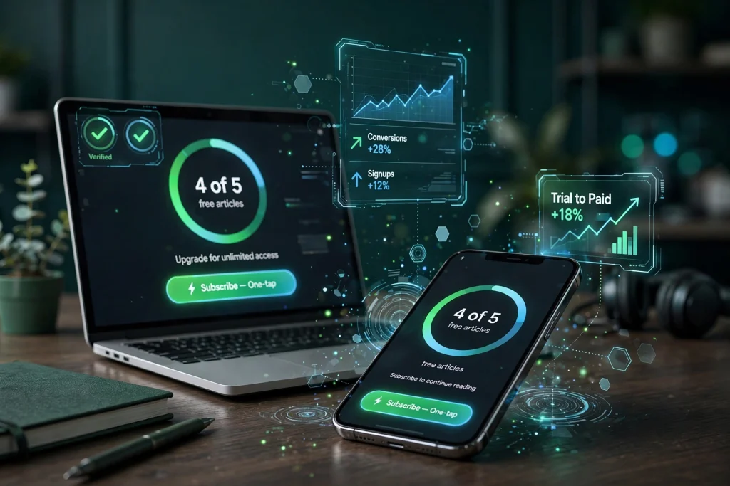 Metered paywall checkout on laptop and smartphone with one-tap subscribe button — KKeyQik