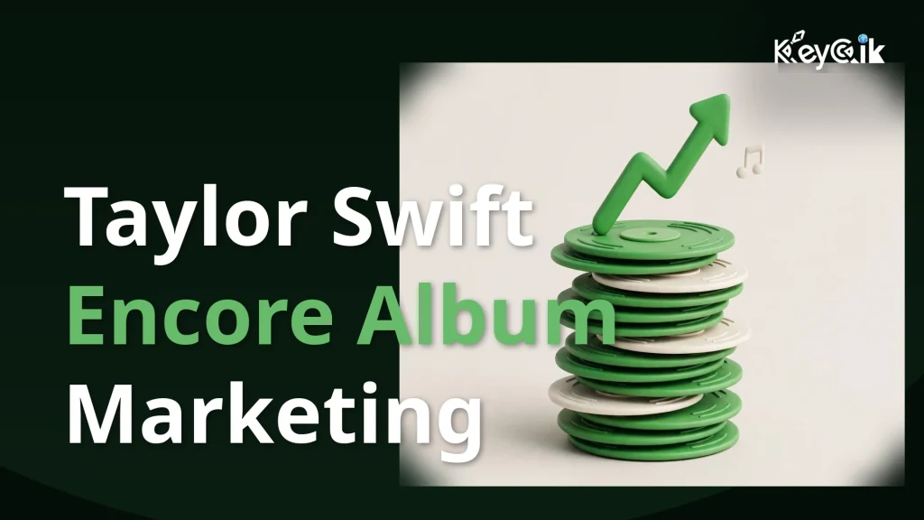Taylor Swift Encore album marketing 2026 — 3D clay vinyl records stack with growth arrow on dark green gradient
