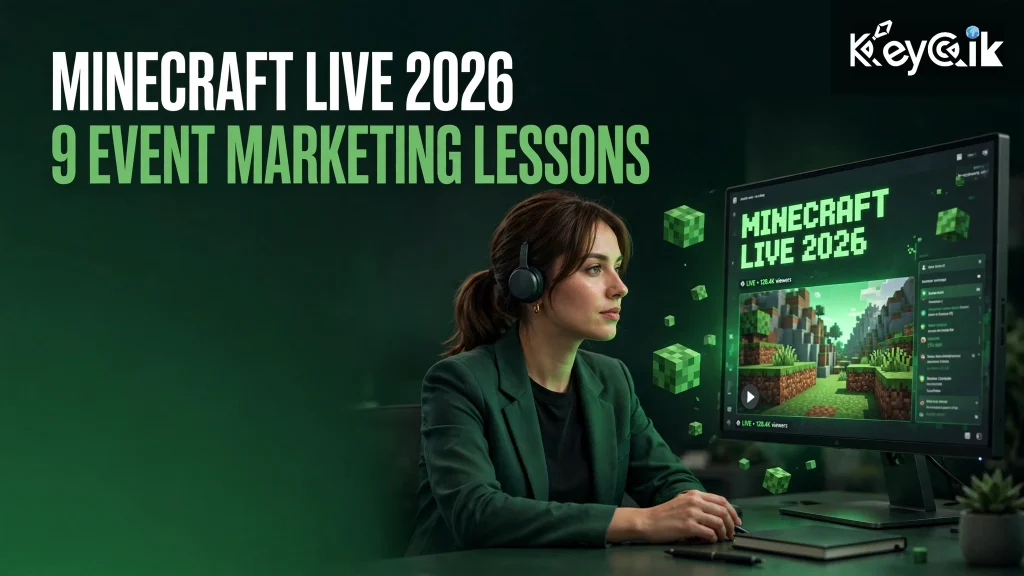 Minecraft Live 2026 event marketing lessons — marketer watching a livestream with green Minecraft-style cubes