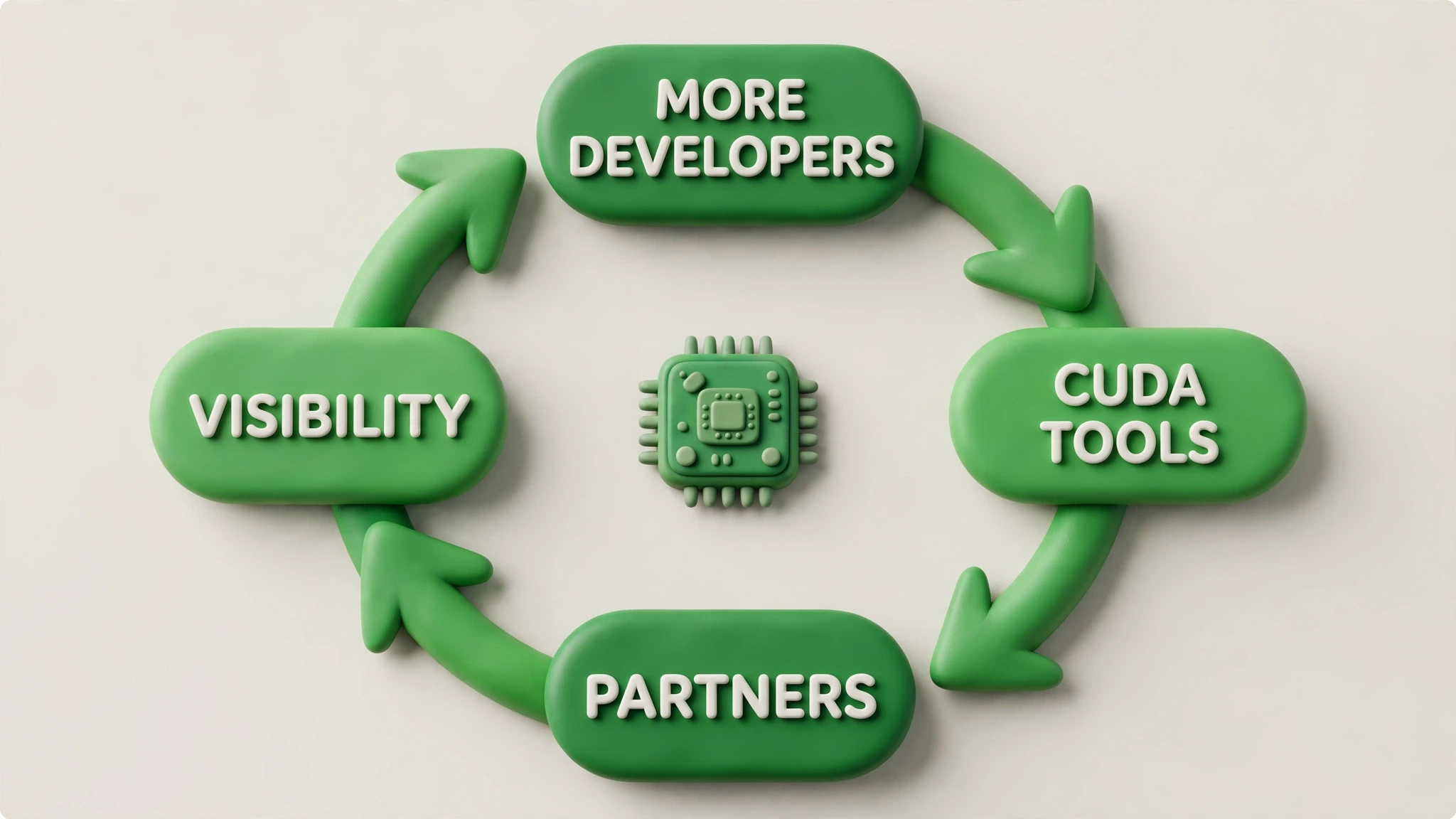 Developer ecosystem flywheel diagram: developers, CUDA tools, partners and visibility reinforcing each other — Nvidia marketing strategy