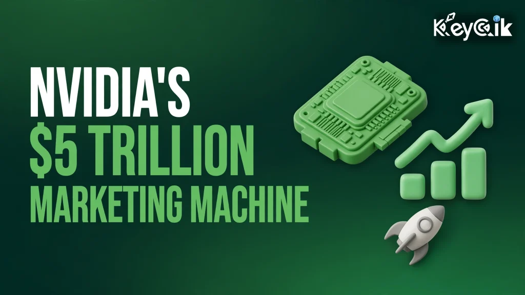 Nvidia marketing strategy: 3D clay-style GPU chip, growth chart and rocket on dark green background — Nvidia's $5 trillion marketing machine.