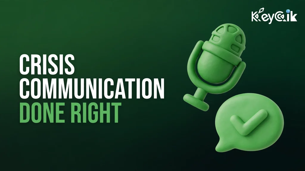 Featured image: bold headline "Crisis Communication Done Right" beside soft 3D clay icons of a broadcast microphone and a speech bubble with a checkmark — crisis communication lessons for small businesses from Jason Kelce's ESPN on-air apology