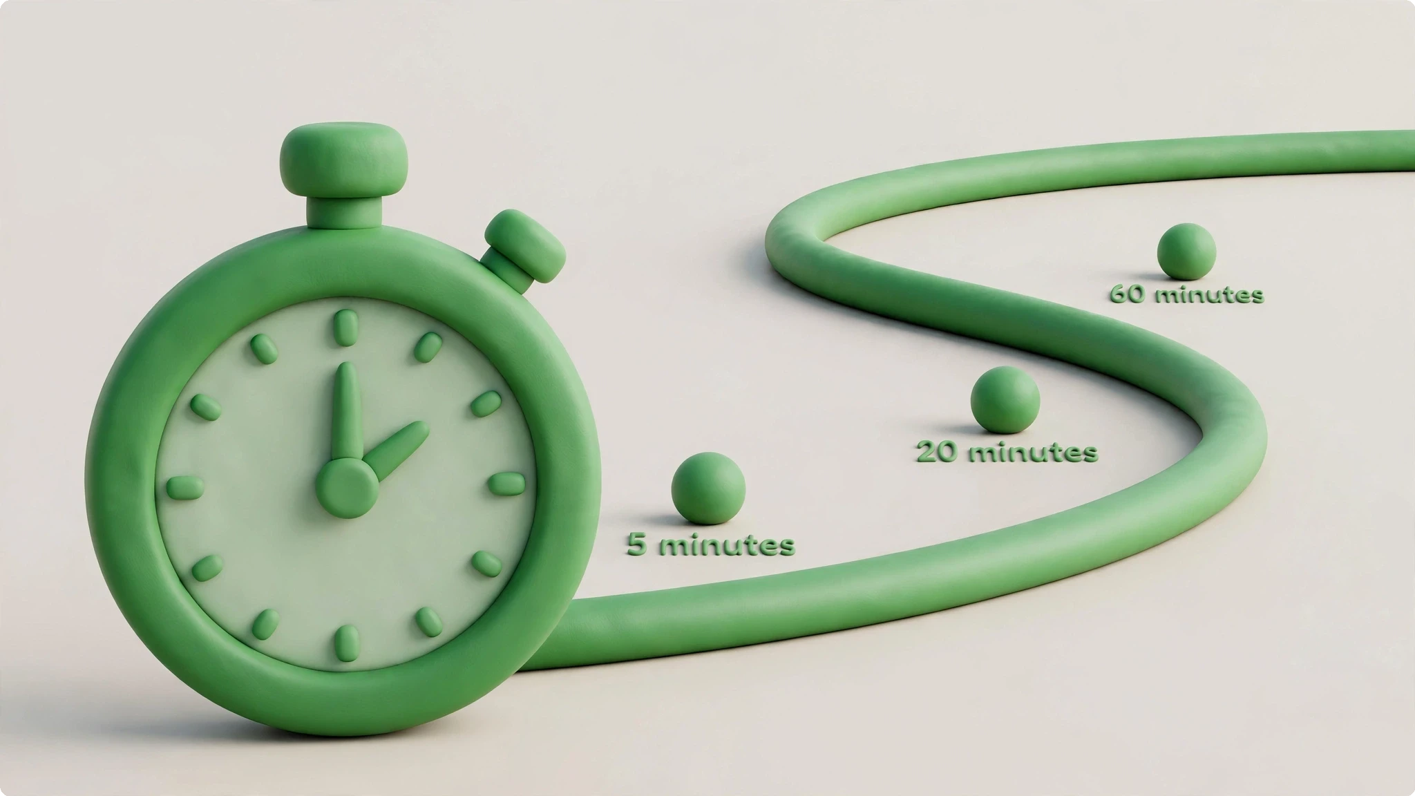 Soft 3D clay-style render of a stopwatch with a first-60-minutes crisis response timeline showing staged markers at 5, 20 and 60 minutes for small business reputation management