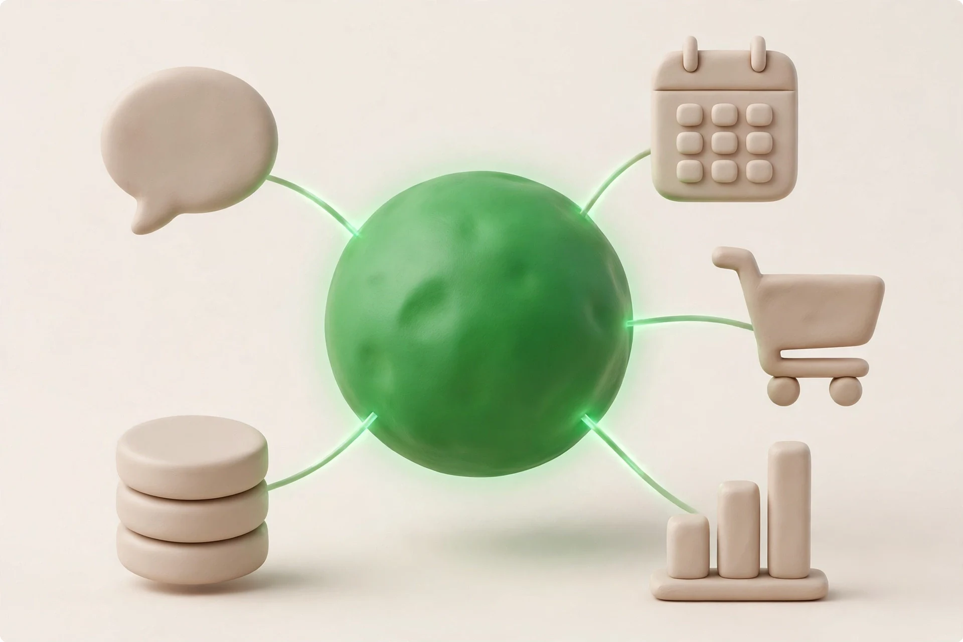 OpenAI Dots ai agents for marketing hub connecting to business apps — Slack calendar ecommerce CRM clay 3D illustration