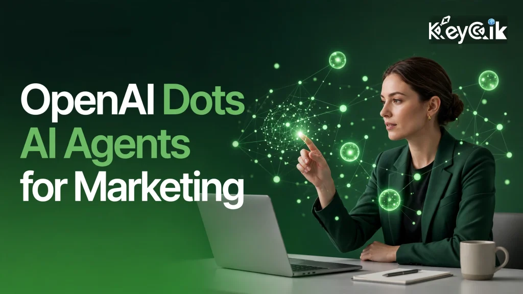 OpenAI Dots AI agents for small business marketing — professional marketer working with glowing green AI agent orbs