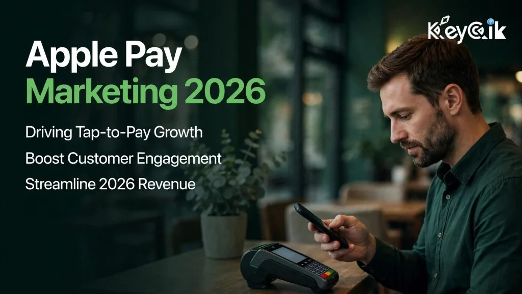 Apple Pay marketing 2026 — ecommerce revenue dashboard with holographic mobile wallet conversion metrics