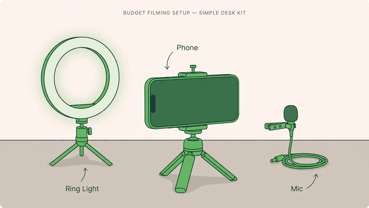 The desk-drawer filming setup — simple gear layout