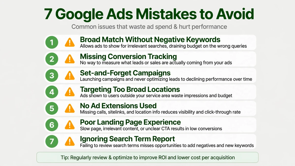 The 7 Google Ads mistakes — broad match without negatives, missing conversion tracking, set-and-forget