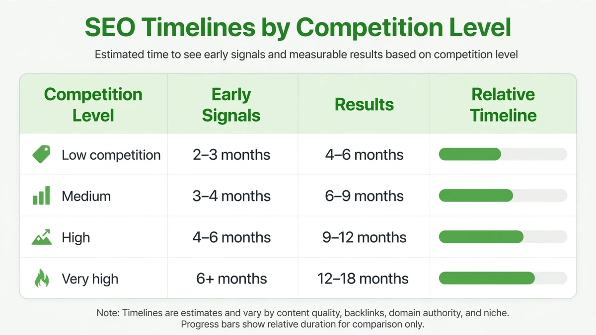 SEO timelines by competition level — from 2-3 months for local niches to 12-18 months for competitive national markets