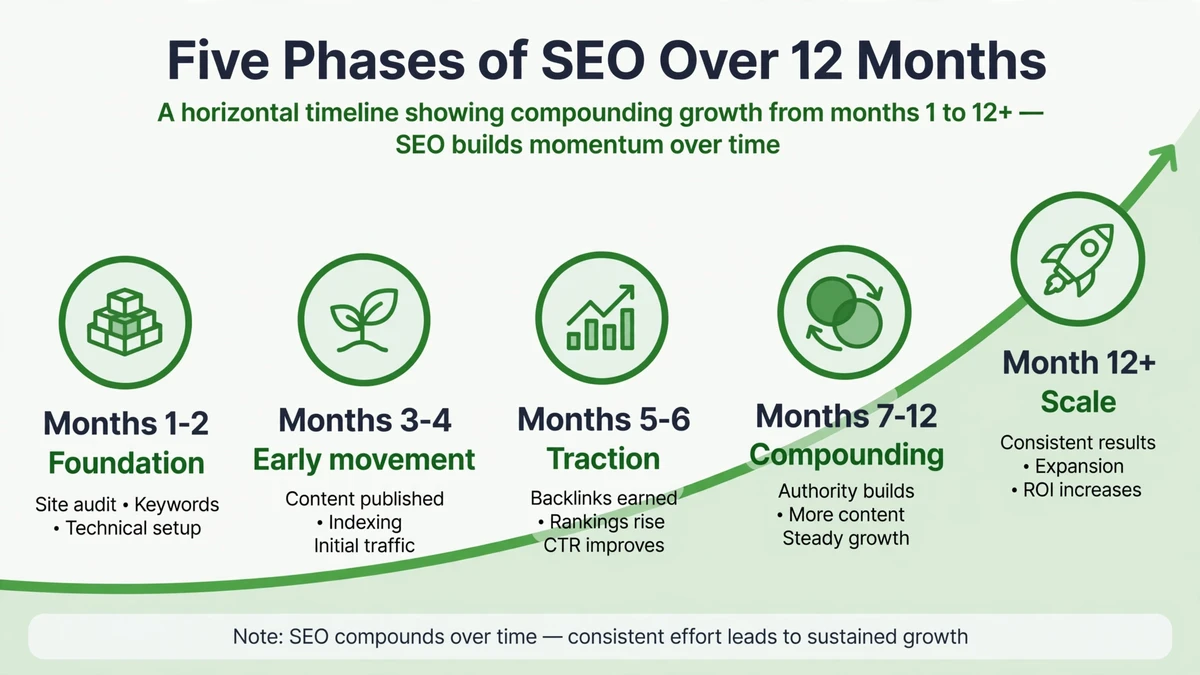 What happens in each phase of SEO — foundation, early movement, traction, compounding