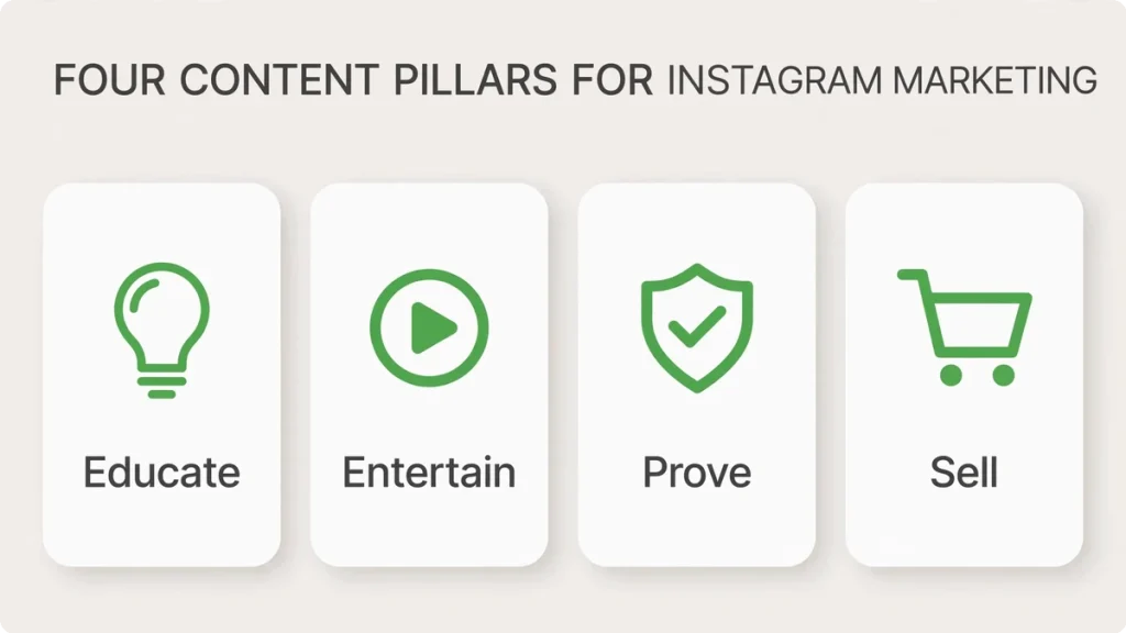 The 4 Instagram content pillars — educate, entertain, prove, sell