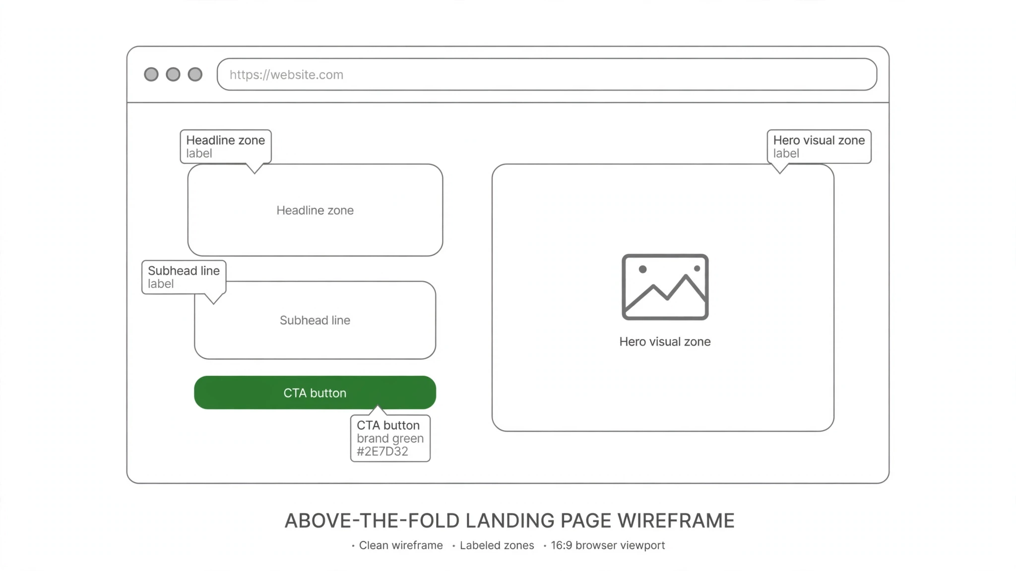 Above-the-fold landing page wireframe — headline, CTA, hero zones