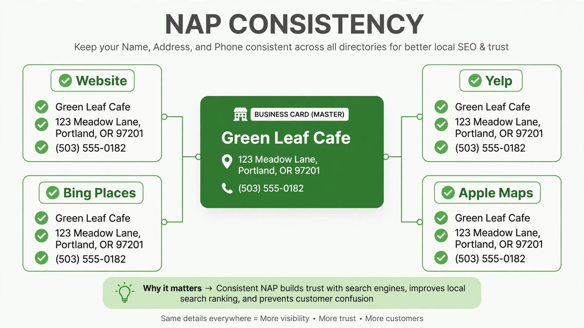 NAP consistency — keeping name, address, and phone identical across directories