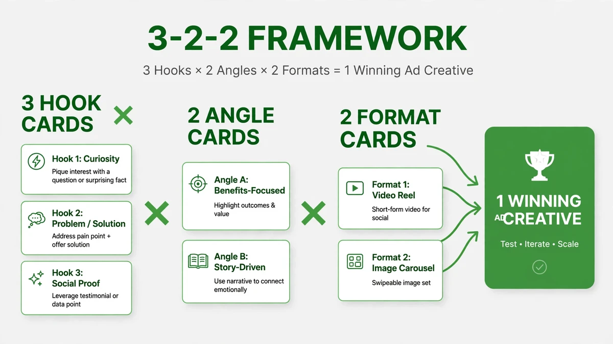 The 3-2-2 framework — 3 hooks times 2 angles times 2 formats
