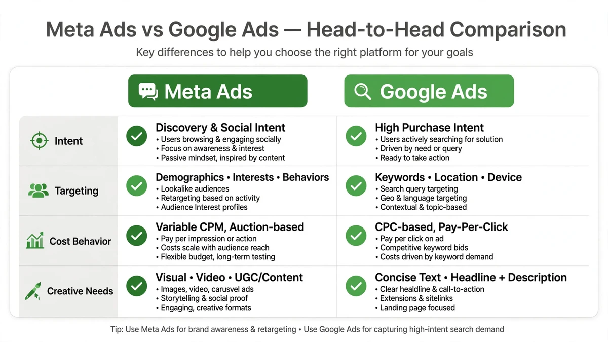 Meta Ads vs Google Ads head-to-head comparison — intent, targeting, cost behavior, creative needs