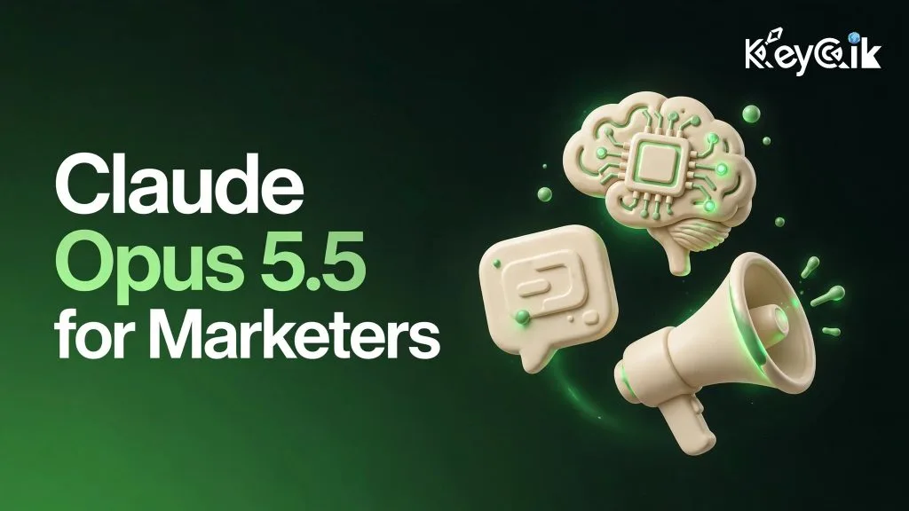 Claude Opus 5.5 for marketers — AI marketing dashboard with holographic content performance panels