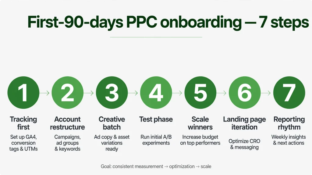 First 90 days PPC onboarding process — 7 steps