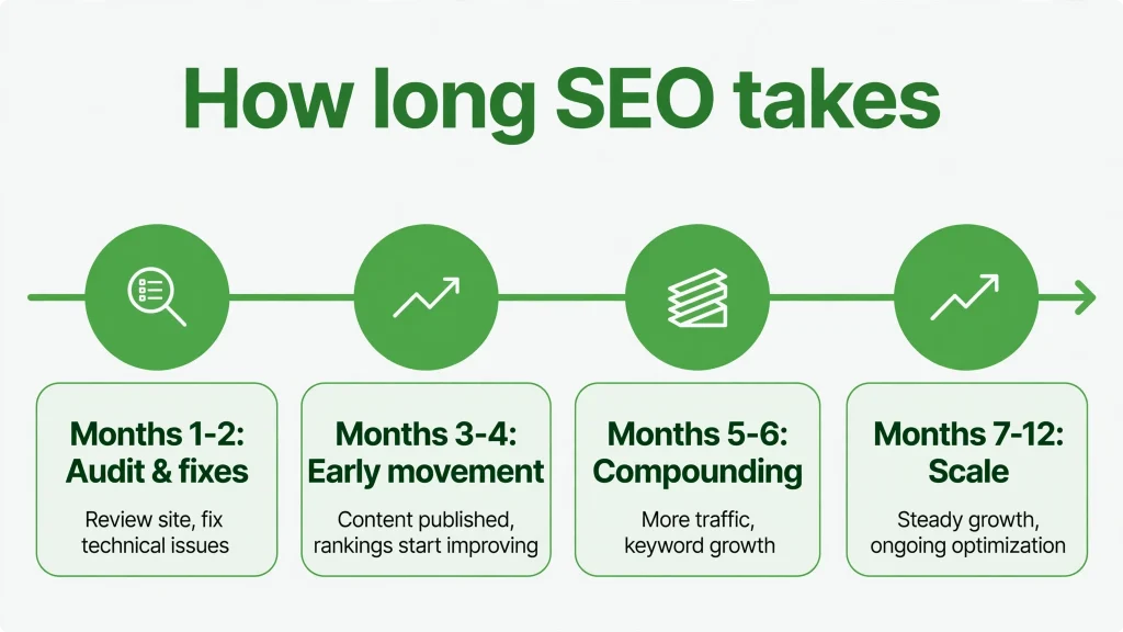 How long SEO takes — realistic timeline from audit to compounding results