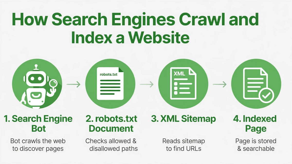 How search engines crawl and index a website — robots.txt, XML sitemap, and canonical checks