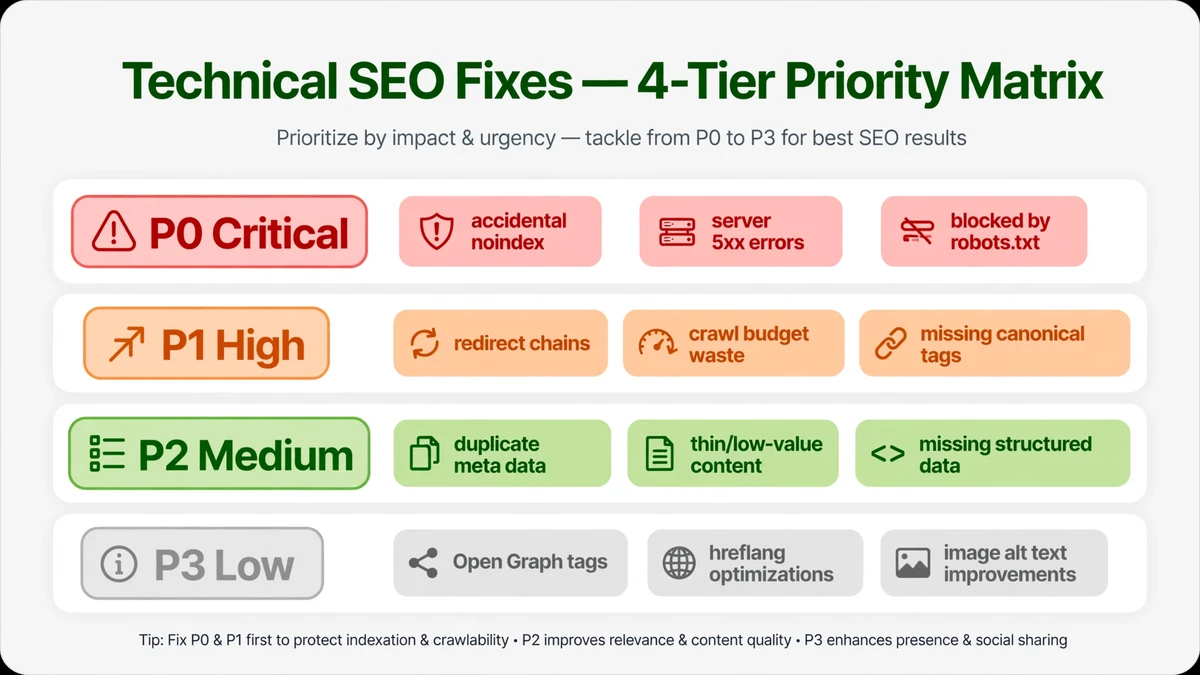 How to prioritize technical SEO fixes — P0 critical to P3 low priority framework