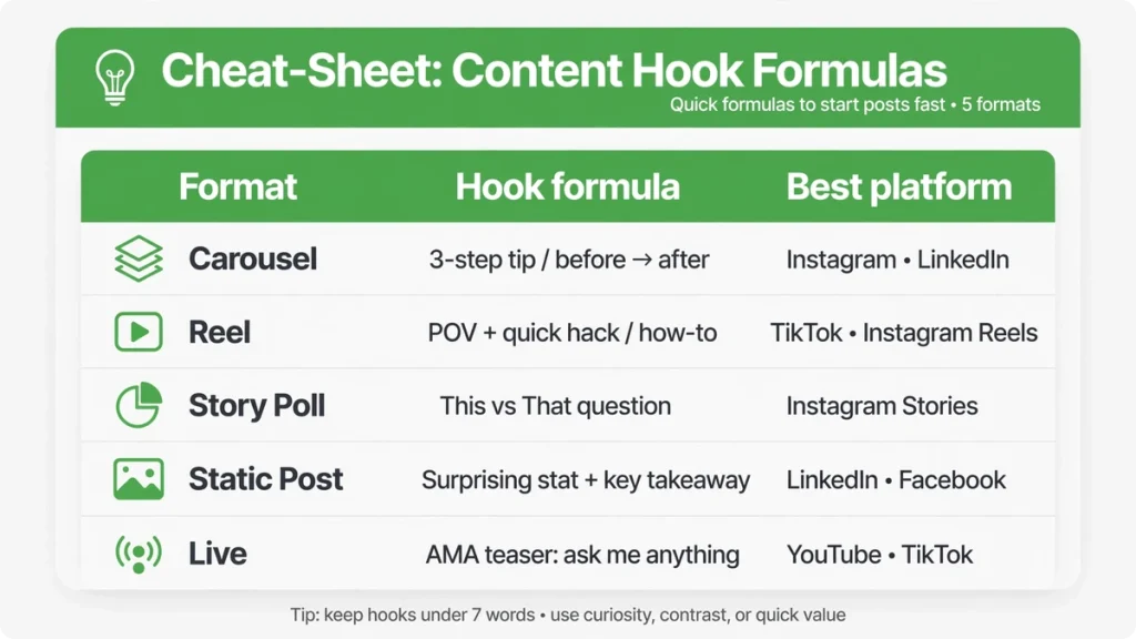 Video format cheat sheet — format, hook formula, best platform