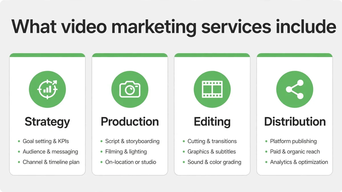 What video marketing services actually include — strategy, production, editing, distribution