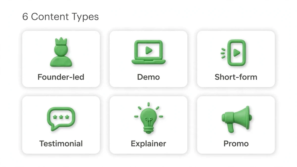 The 6 video types every small business needs — founder-led, demo, short-form, testimonial, explainer, promo