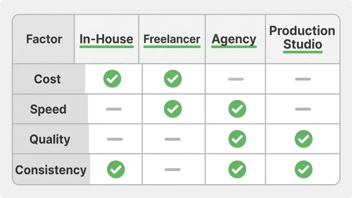 In-house vs freelancer vs agency vs production studio — comparison