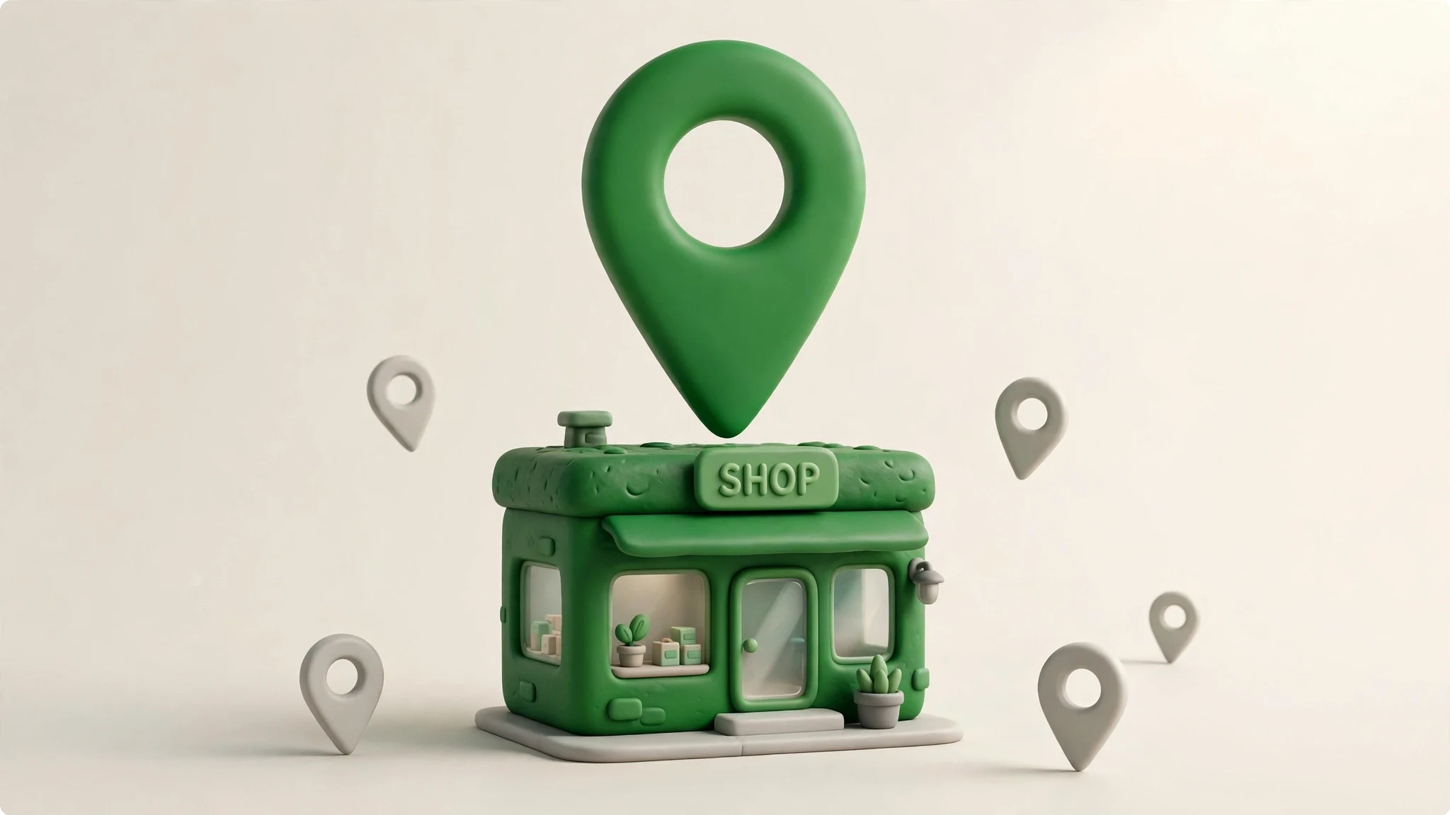 3D clay illustration of a retail storefront with a map pin, representing local SEO for retail stores after a TJ Maxx closing