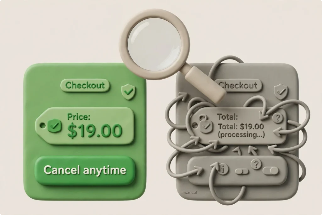 Dark patterns versus honest checkout design — subscription marketing transparency audit graphic