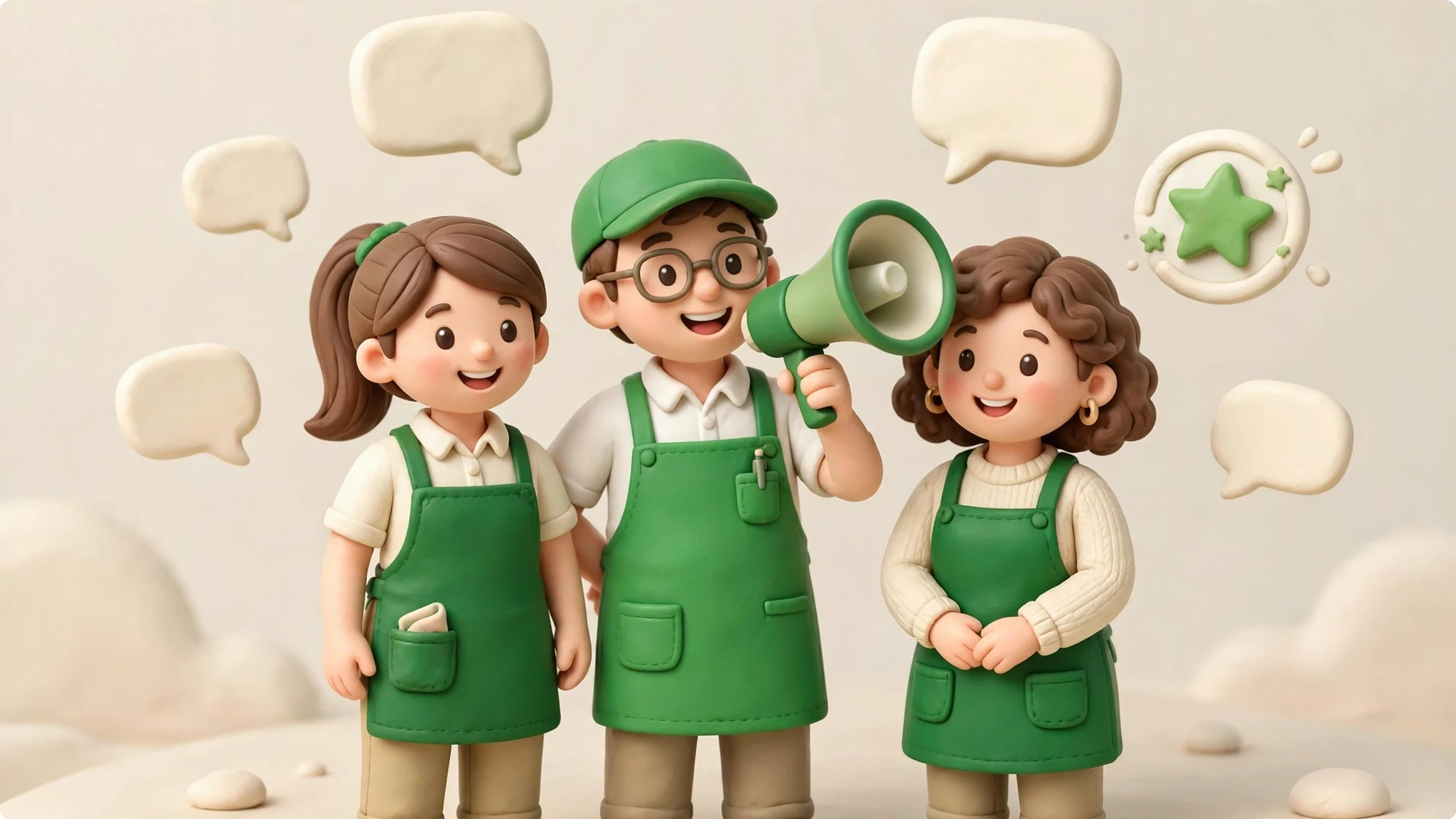 Retail store team as brand ambassadors — 3D clay render of retail associates with megaphone, speech bubbles and loyalty badges
