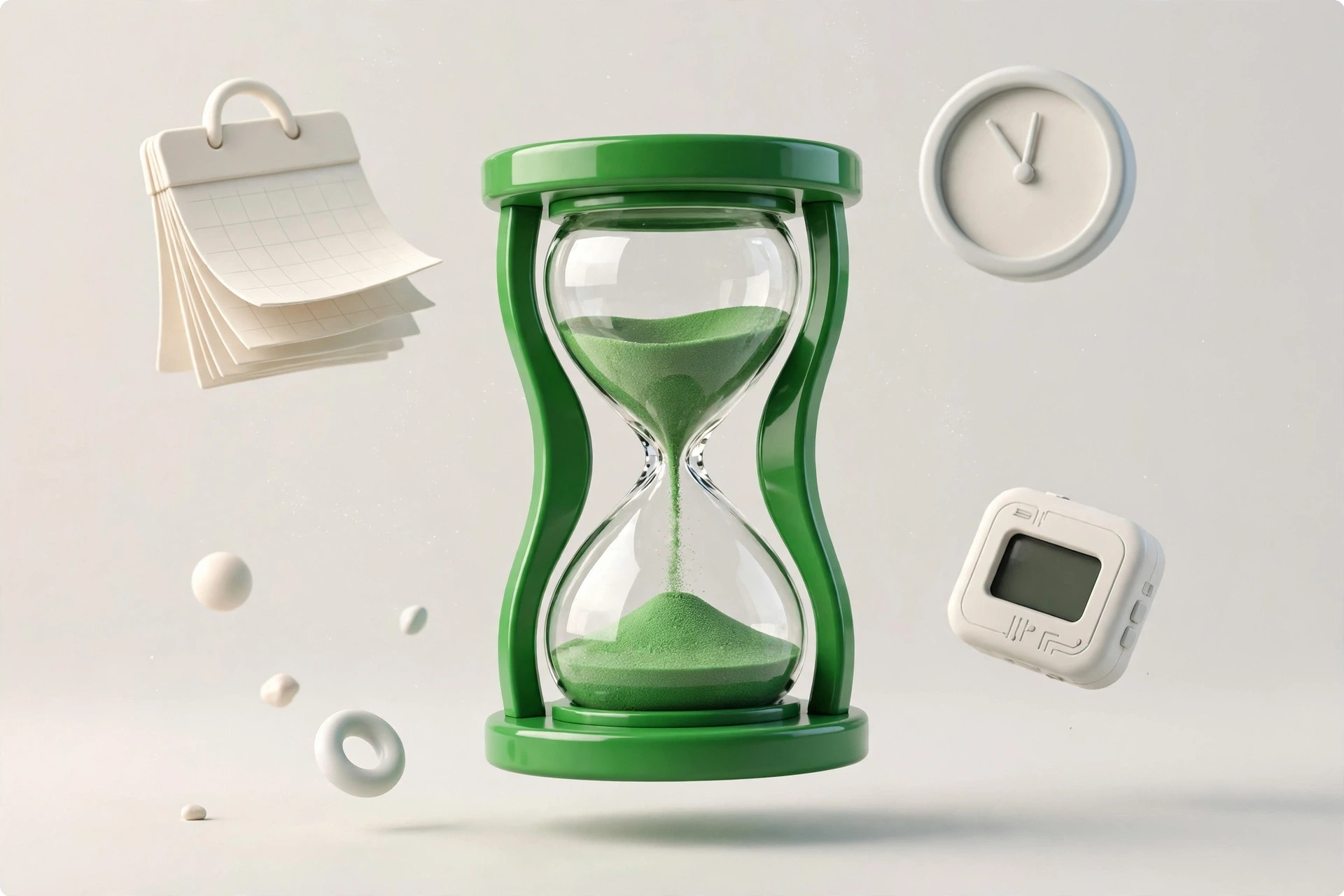 FOMO urgency concept for product launch marketing: 3D hourglass countdown timer in brand green