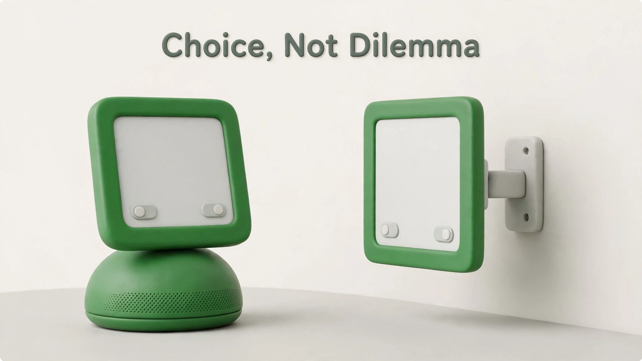 Choice not dilemma 3D render — Apple HomeView countertop speaker-base model beside wall-mounted model