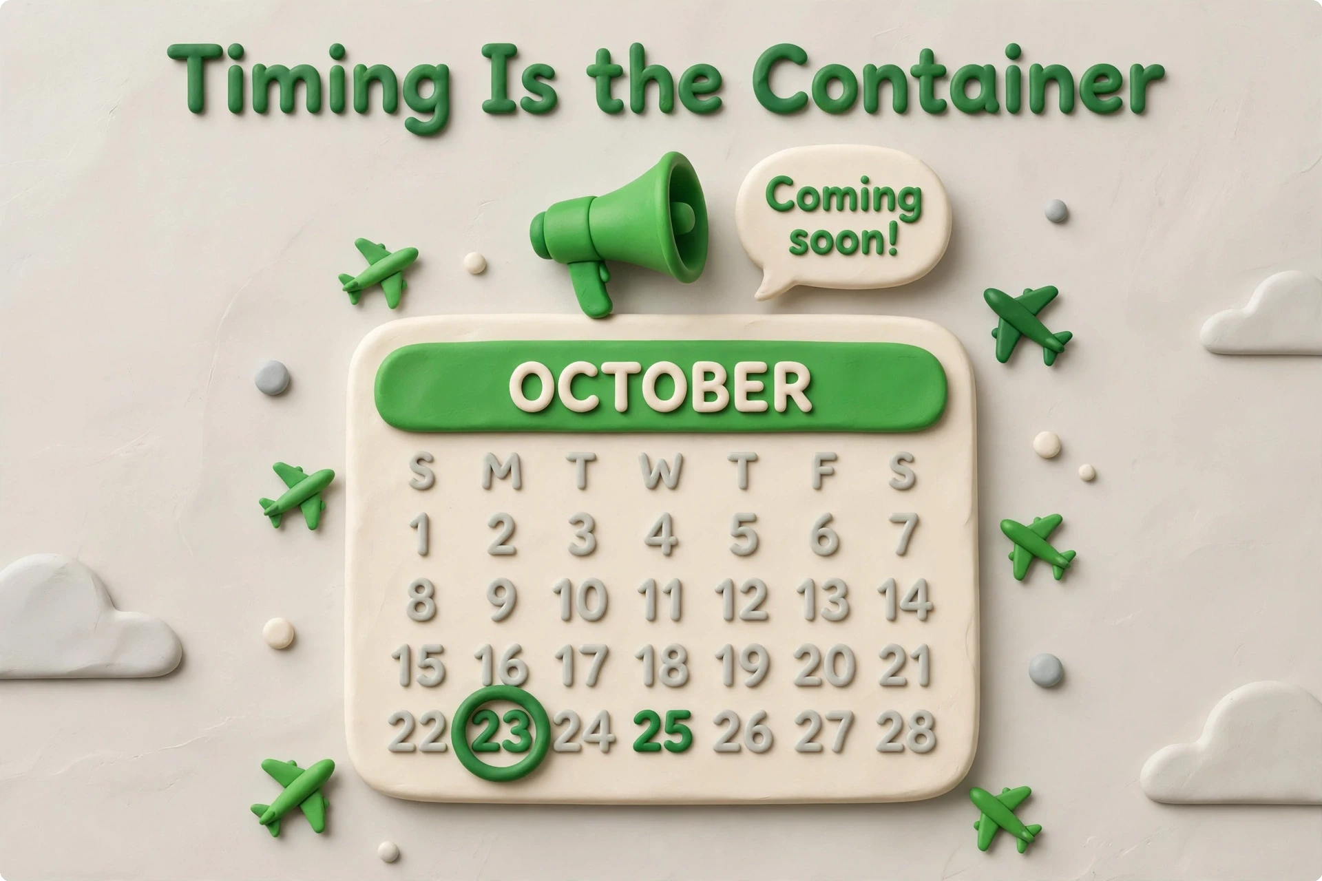Timing Is the Container 3D illustration — clay calendar with megaphone, bad-news announcement timing strategy.