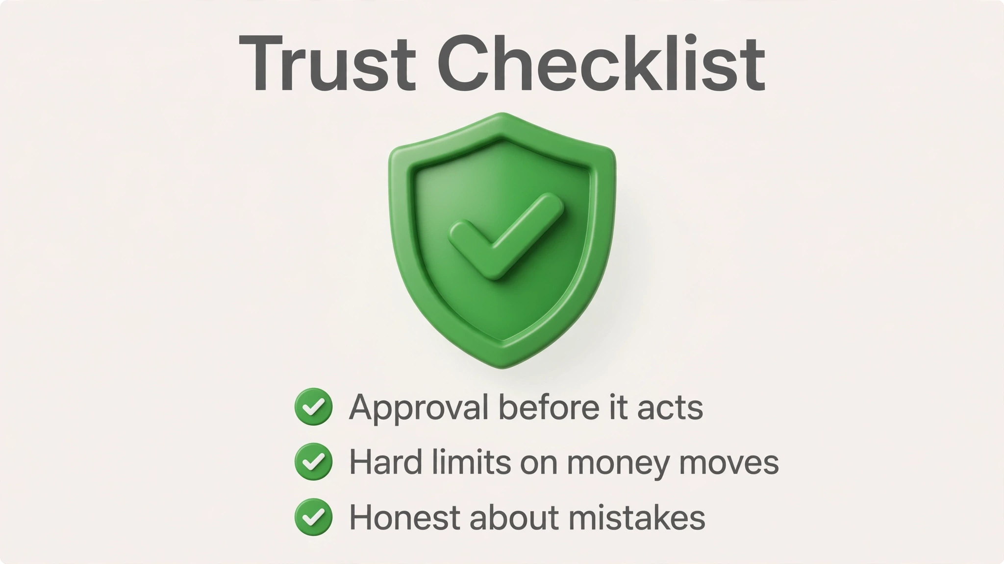 Trust checklist graphic for AI agent marketing — approval before action, hard limits on money moves, honest about mistakes